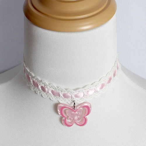 y2k蝴蝶白色粉蓝紫个性酷夜店项链锁骨链颈饰项圈蕾丝花边choker