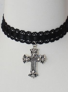 夸张大号十字架蕾丝颈饰项链锁骨链choker甜酷辣妹粉蓝白黑Lolita