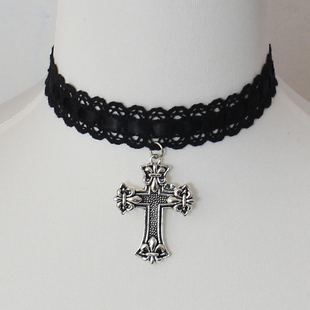 夸张大号十字架蕾丝颈饰项链锁骨链choker甜酷辣妹粉蓝白黑Lolita