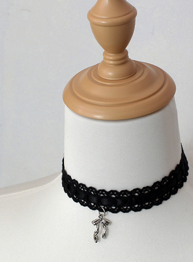 黑白蕾丝蝴蝶结吊坠choker颈饰环项链花边Lolita复古vintage少女