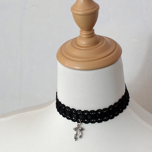 黑白蕾丝蝴蝶结吊坠choker颈饰环项链花边Lolita复古vintage少女