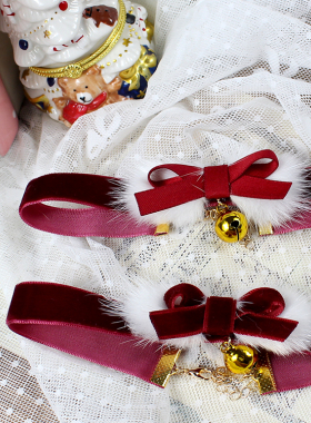 圣诞节酒红铃铛锁骨链项链choker百搭蝴蝶结水貂毛绒颈饰纯欲少女