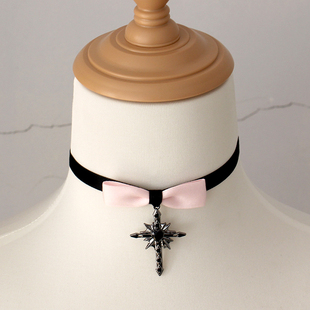 星芒十字架黑粉蝴蝶结项链锁骨链颈饰choker同款 cos暗黑萝莉puppy