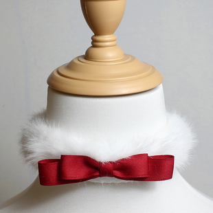 毛绒项圈choker圣诞节项链锁骨链蝴蝶结少女朋友礼物酒红仿水貂