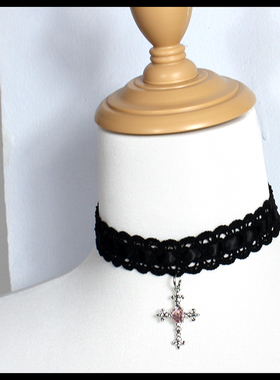 十字架蕾丝花边choker白蓝黑粉项链锁骨链颈饰项圈修女Lolita女仆