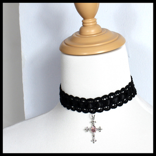 十字架蕾丝花边choker白蓝黑粉项链锁骨链颈饰项圈修女Lolita女仆