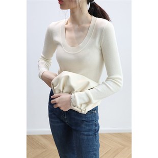 2025秋季低圆领修身针织衫女秋冬内搭打底衫纯色毛衣软糯套头上衣