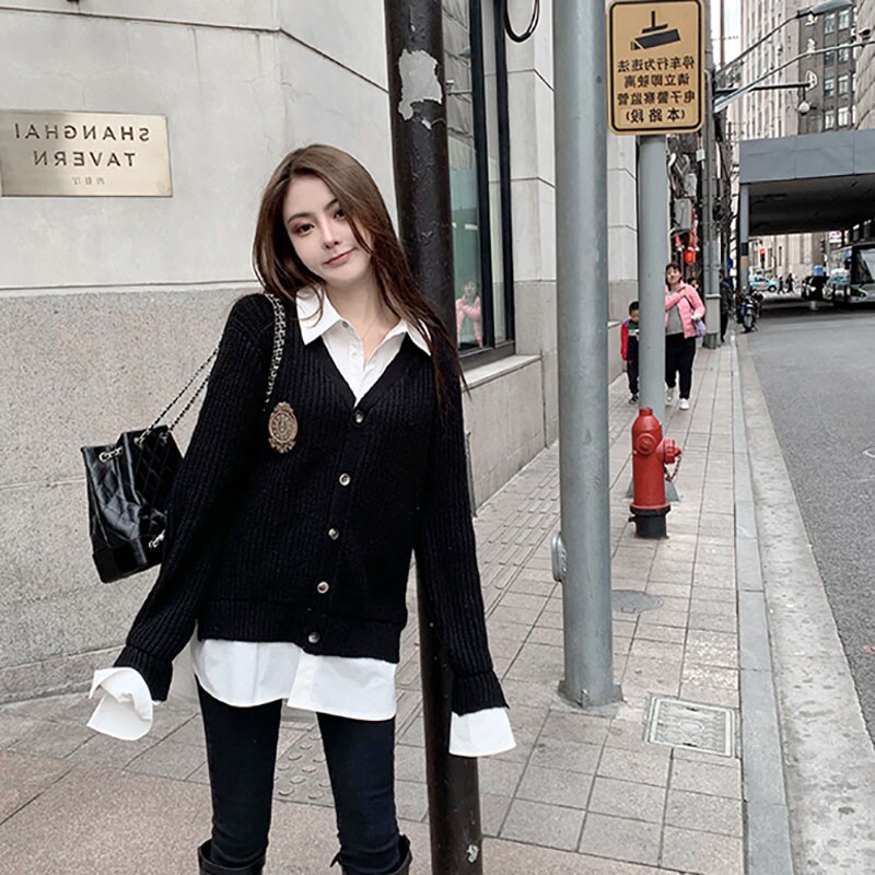 日系复古慵懒假两件毛衣外套女秋冬2026新款宽松jk学院风针织开衫