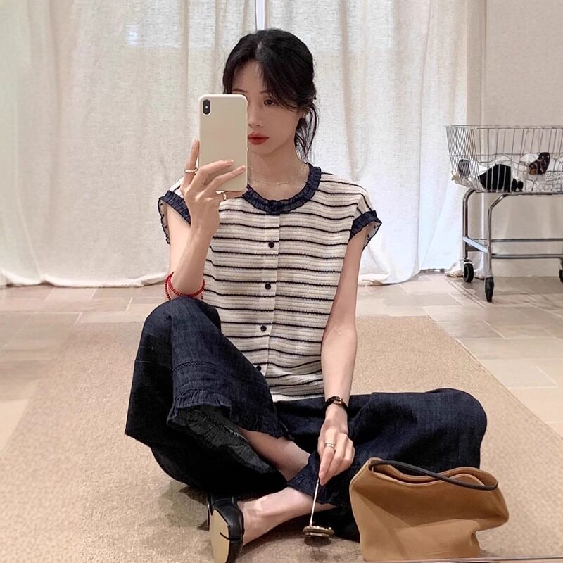 法式条纹蕾丝拼接针织短袖t恤女夏季小个子宽松飞袖开衫上衣薄款