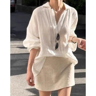 老钱风穿搭薄纱衬衣罩衫 女夏季 棉麻上衣 白色v领亚麻防晒衬衫 法式