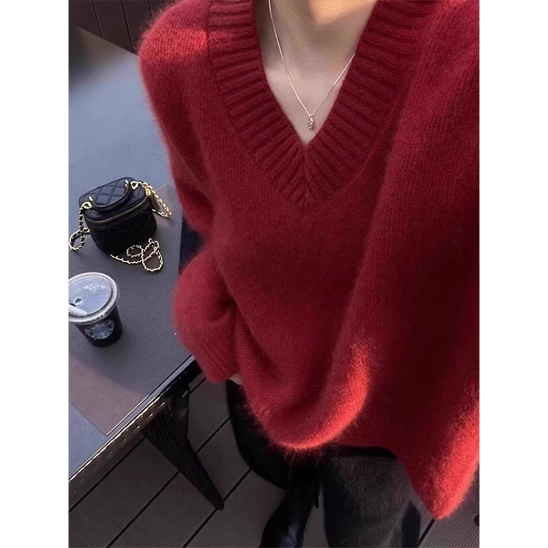 复古红色V领套头毛衣女秋冬高级感慵懒宽松针织羊毛衫本命年上衣