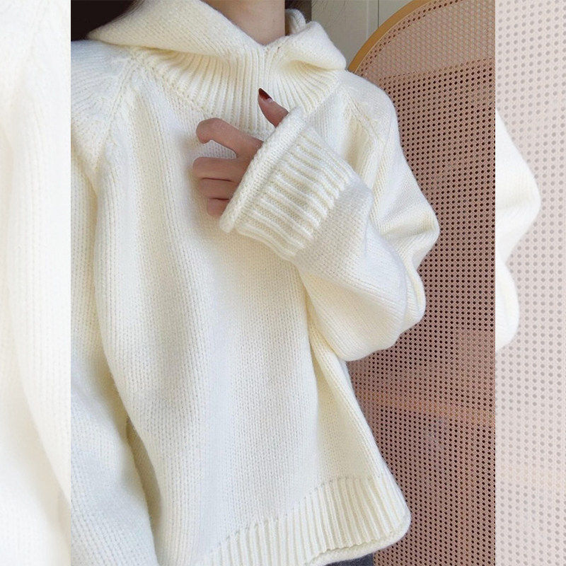 韩系白色连帽套头毛衣女秋冬慵懒风宽松软糯外穿针织帽衫内搭上衣