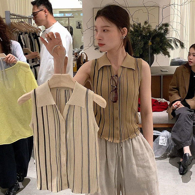 老钱风冰丝条纹polo领针织背心女夏季高级感气质修身无袖开衫上衣