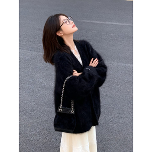 高级感黑色v领水貂绒毛衣外套女秋冬慵懒千金风加厚针织开衫上衣