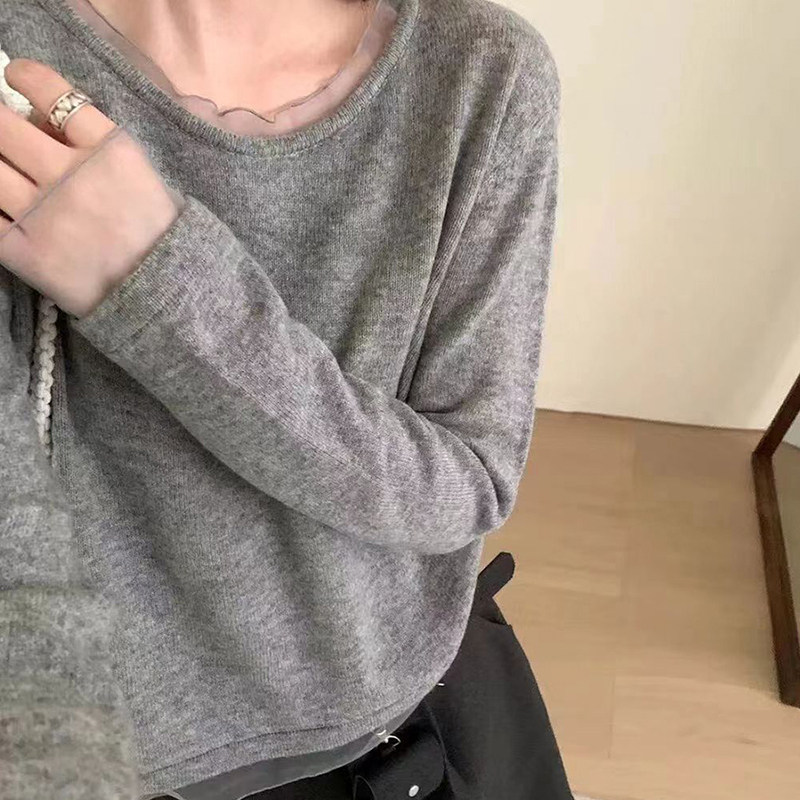 灰色绝美巨好看蕾丝针织打底衫女秋冬韩系小香风修身内搭毛衣上衣
