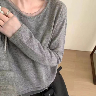 灰色绝美巨好看蕾丝针织打底衫女秋冬韩系小香风修身内搭毛衣上衣