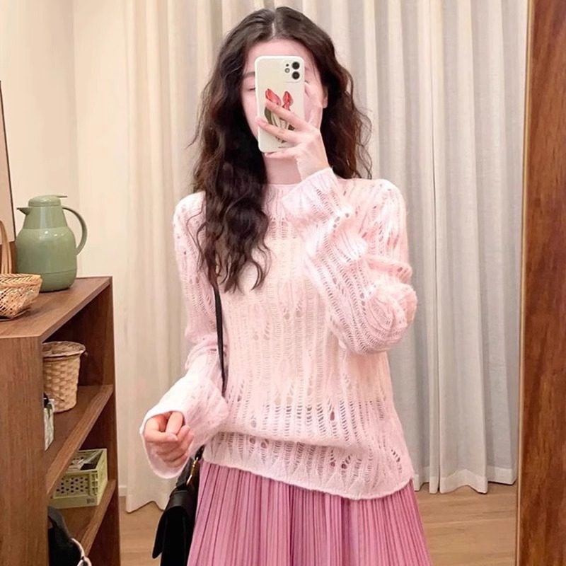 早春慵懒风粉色镂空罩衫女新款吊带外搭宽松防晒针织衫长袖上衣薄