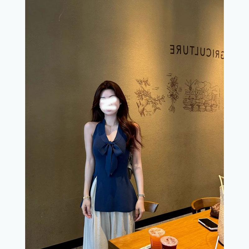 法式蝴蝶结挂脖针织吊带背心女