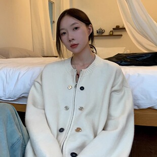小香风白色拉链毛衣开衫女冬季高级感加厚宽松显瘦针织衫外套上衣