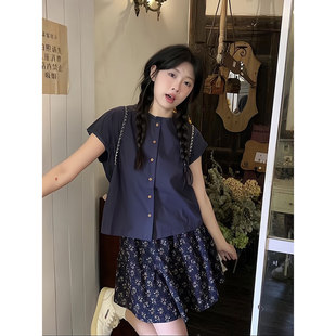 藏蓝色复古蕾丝边短袖衬衫女夏季短款宽松薄款小衫衬衣小飞袖上衣