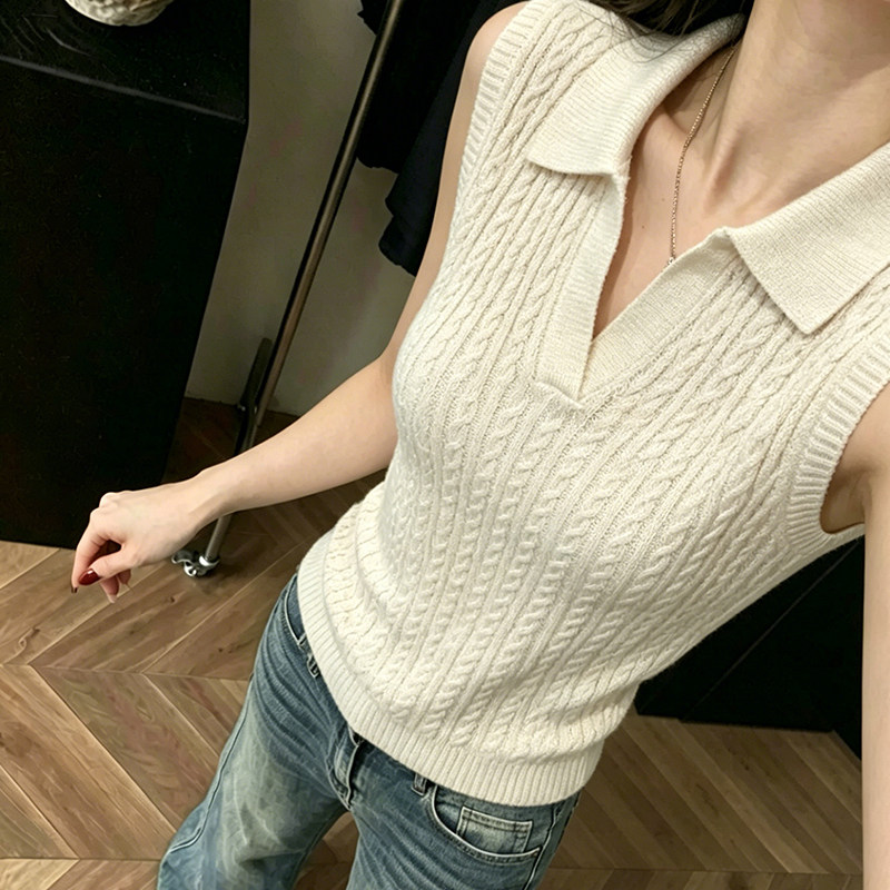 杏色polo领麻花针织背心女夏季老钱风松弛感修身无袖t恤衫v领上衣