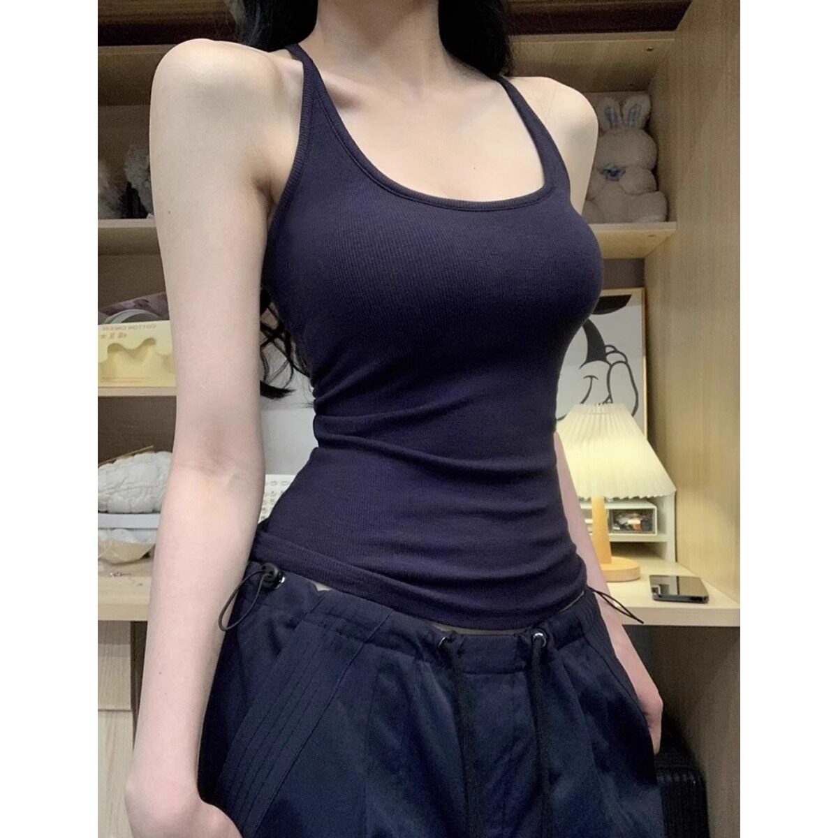 藏青色外穿带胸垫小吊带背心女夏季内搭打底无袖美背工字运动上衣