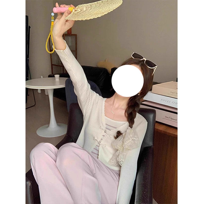 白色长袖v领针织外套女夏季2026新款小个子短款外穿薄款开衫上衣