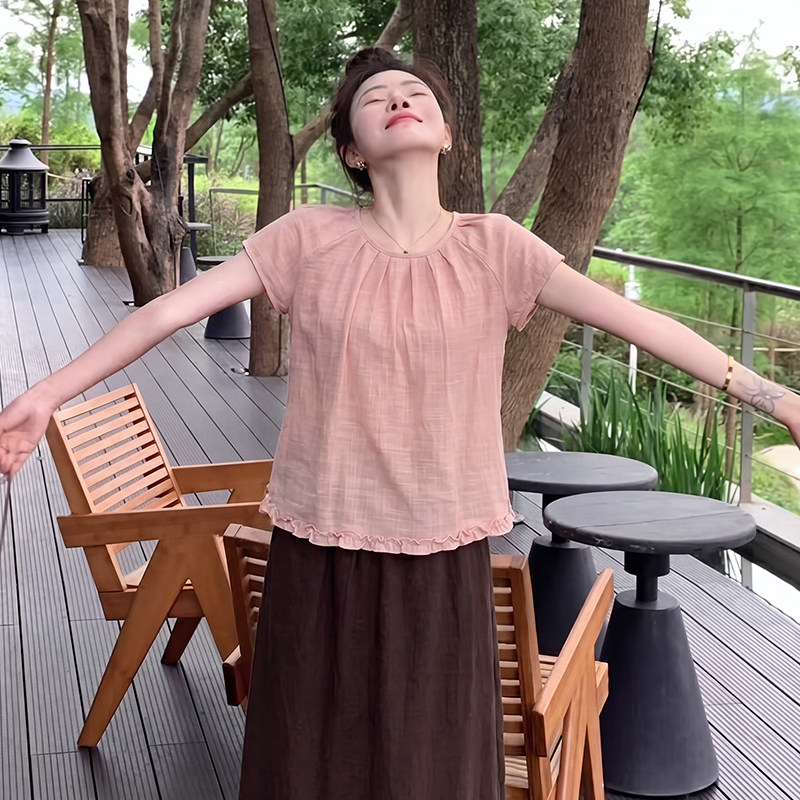 亚麻短袖衬衫棉麻娃娃衫衬衣上衣