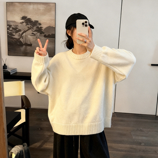 奶呼呼白色圆领毛衣女可外穿内搭秋冬季慵懒高级感加厚针织衫上衣