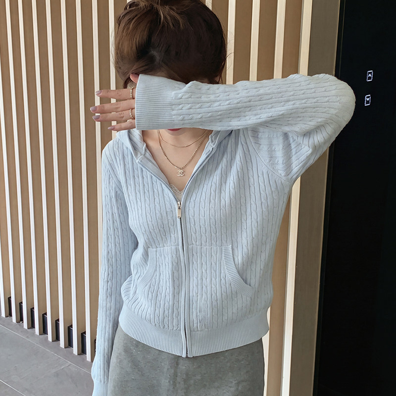 蓝色连帽麻花拉链针织开衫女秋季