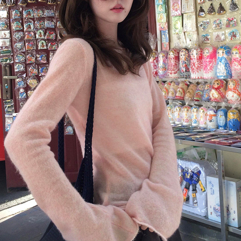 巨好看粉色马海毛衣女秋冬温柔风喇叭袖修身软糯内搭针织衫上衣