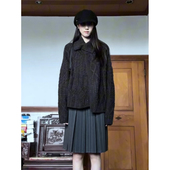 老钱风灰色翻领麻花毛衣外套女秋冬设计感宽松软糯针织开衫 上衣厚