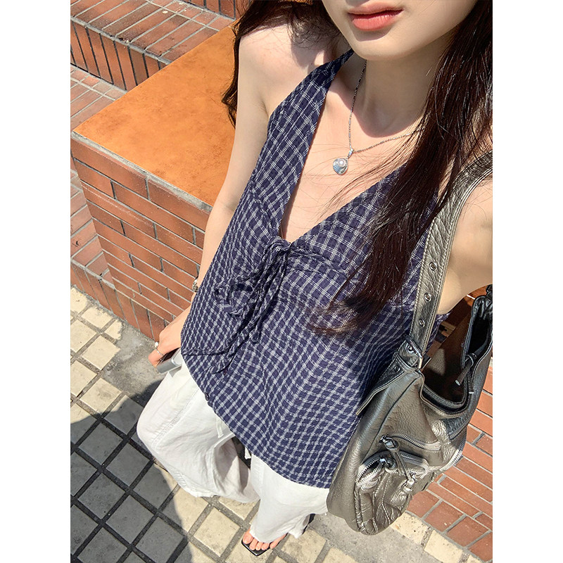 韩系chic格纹v领挂脖吊带背心女夏季设计感外穿无袖美背漂亮上衣