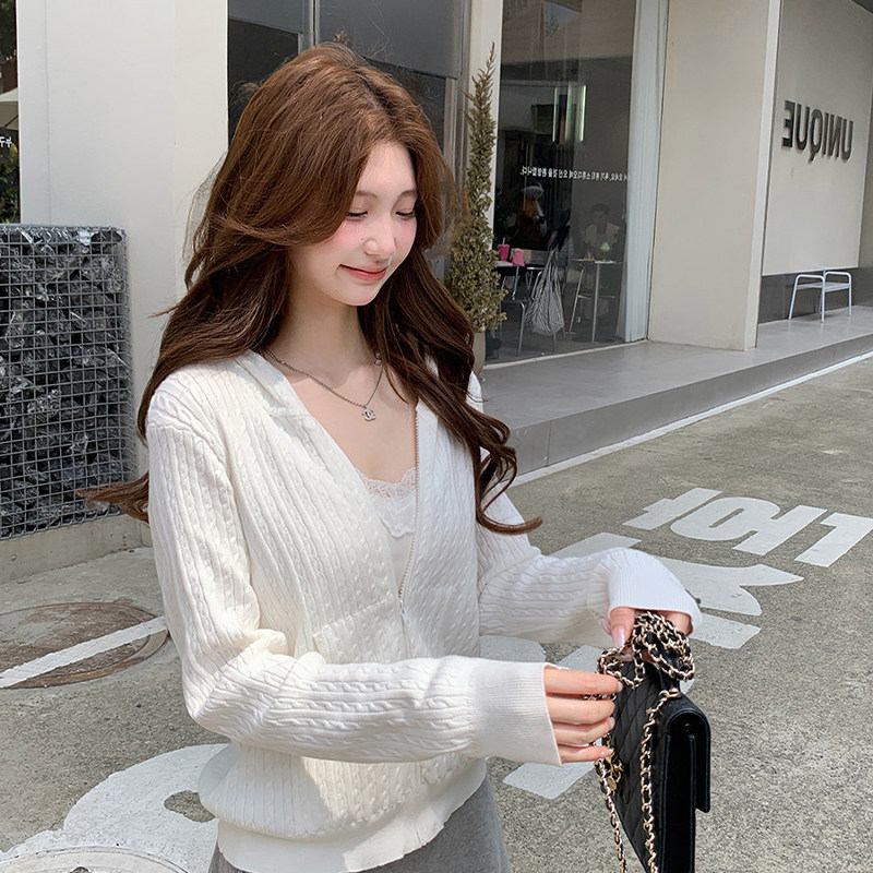 连帽麻花拉链针织开衫女秋季外套图片