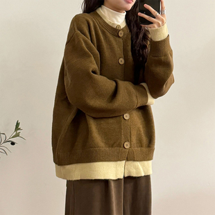 美式复古咖色假两件毛衣外套女秋冬慵懒风宽松针织开衫美拉德上衣