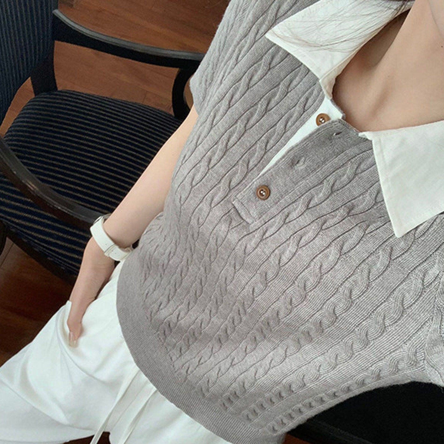 复古灰色麻花短袖polo衫女夏季老钱风穿搭正肩修身针织衫t恤上衣