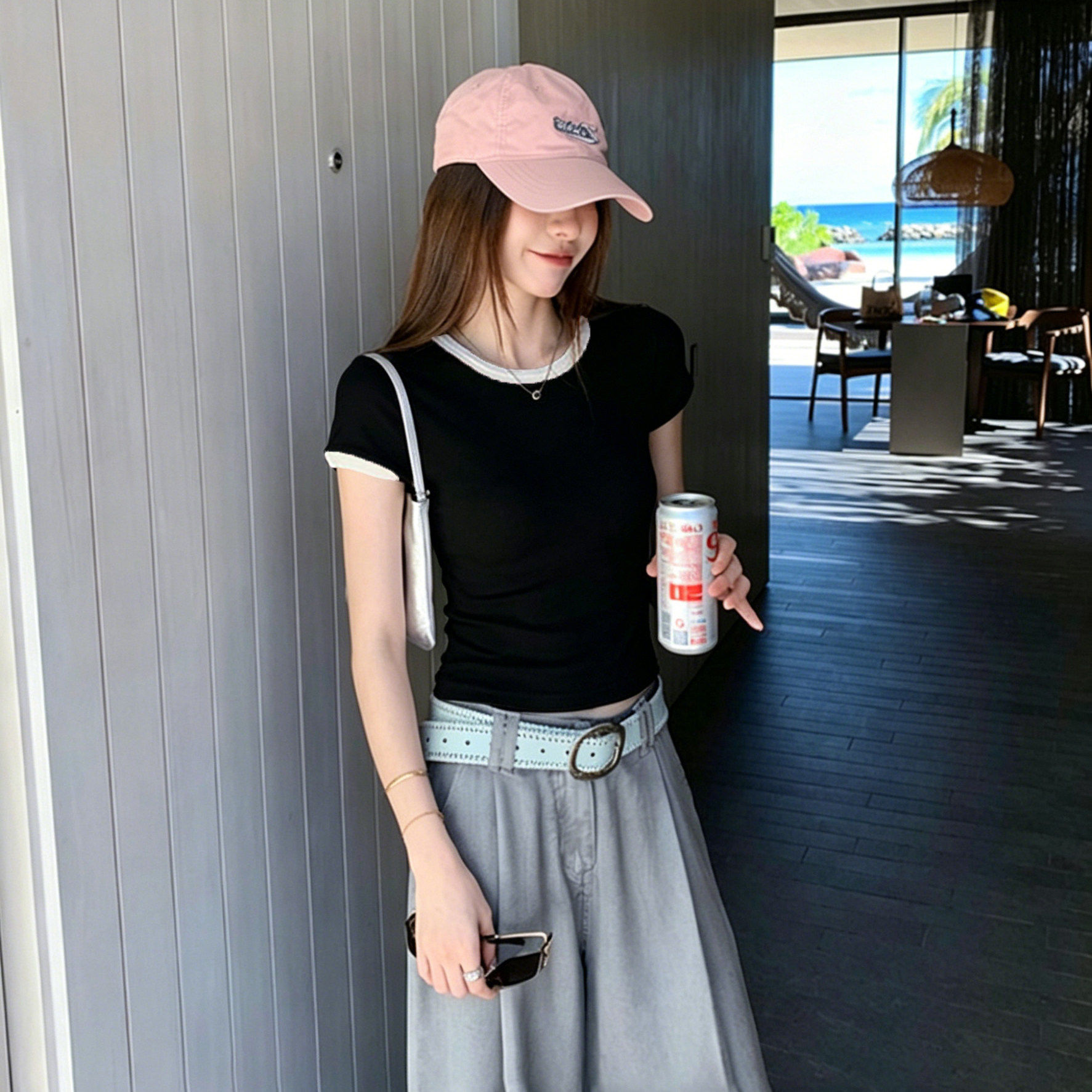 美式辣妹撞色正肩圆领短袖T恤女