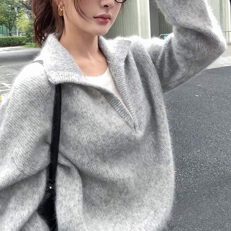 老钱风翻领毛衣宽松加厚针织上衣