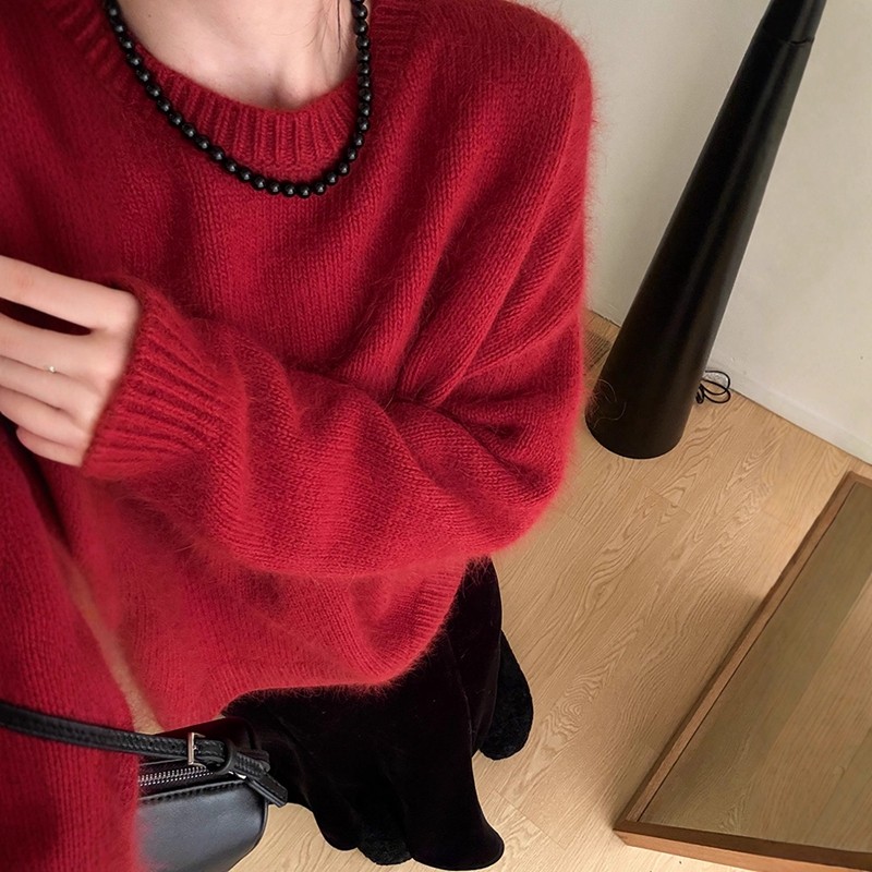 复古红色浣熊绒软糯毛衣女秋冬宽松加厚针织羊毛衫内搭氛围感上衣