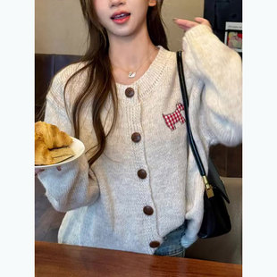 杏色浣熊绒圆领毛衣开衫女2025秋冬季新款软糯宽松慵懒风针织外套