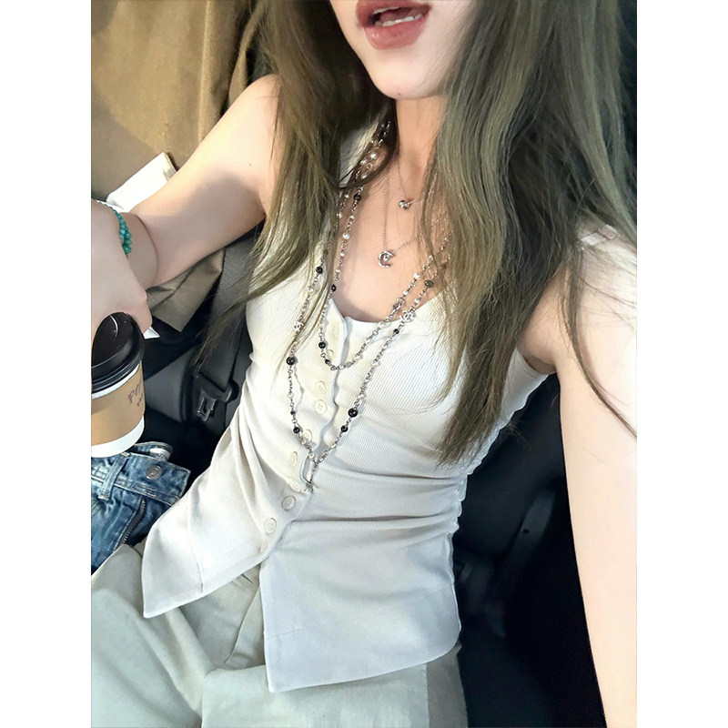 白色u领挂脖小吊带背心女夏季设计感辣妹修身无袖遮副乳短款上衣