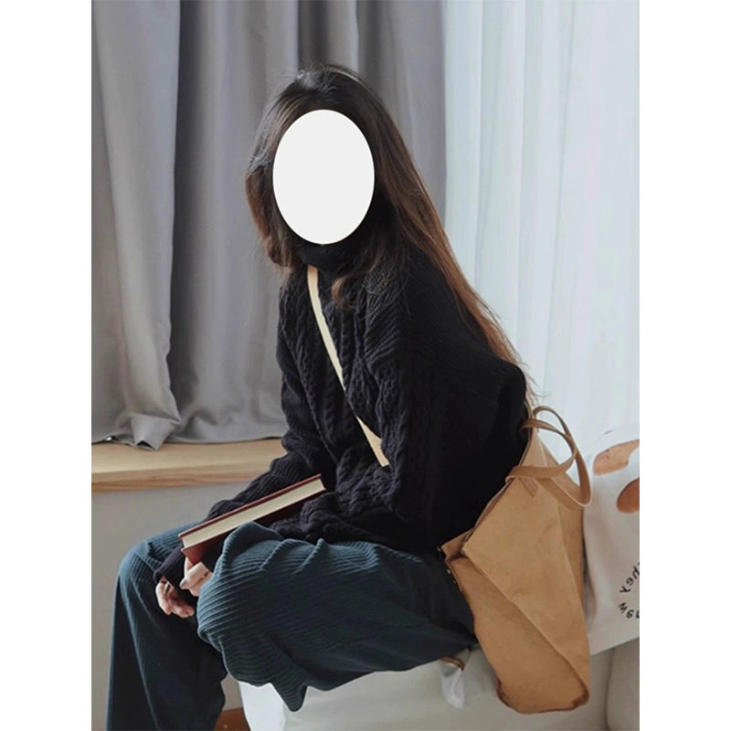 复古韩版黑色麻花高领毛衣女秋冬高级慵懒风宽松加厚套头针织上衣