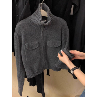 灰色高领双拉链毛衣外套女秋冬高级感宽松针织羊毛开衫短款上衣厚