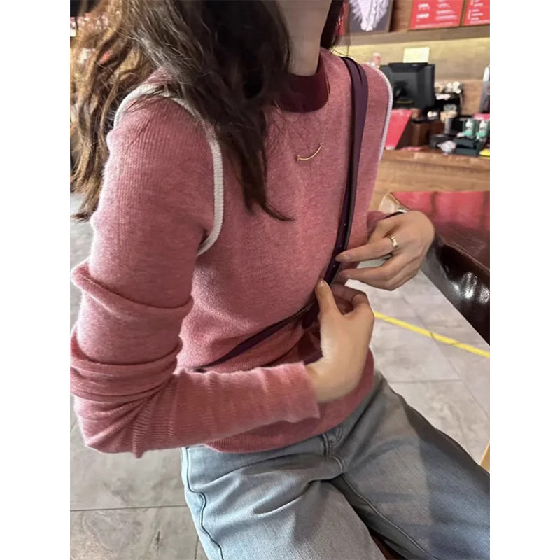 韩系撞色圆领长袖针织羊毛衫女秋冬高级感修身显瘦内搭打底衫上衣