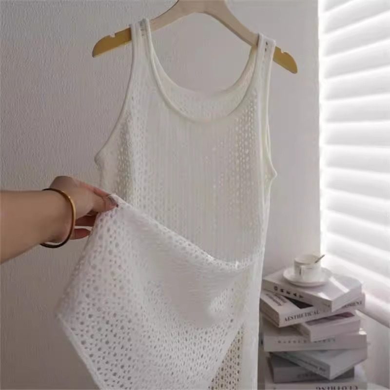 白色网织镂空针织吊带背心裙女夏中长款冰丝防晒罩衫无袖叠穿上衣