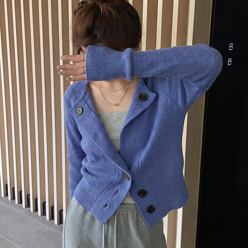 韩系翻领针织衫收腰短款毛衣外套