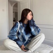 韩版 外穿加厚撞色上衣 蓝色扎染麻花毛衣女秋冬高级宽松羊毛针织衫