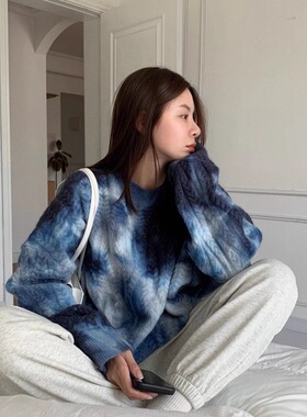 韩版蓝色扎染麻花毛衣女秋冬高级宽松羊毛针织衫外穿加厚撞色上衣