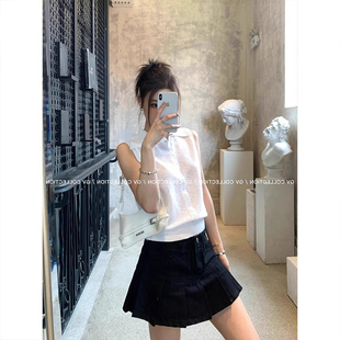 白色polo领冰丝针织背心女夏外穿搭老钱风短款无袖马甲miu系上衣