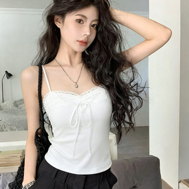 辣妹白色带胸垫蕾丝小吊带背心女夏内搭打底修身无袖美背外穿上衣